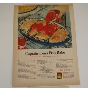 1958‎ Hunts Tomato Sauce Ad Captain Toms Fish Bake Blue Dish Recipe MCM Print Ad